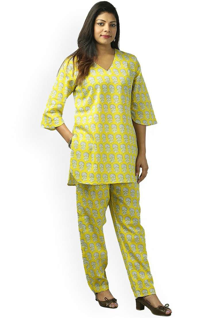 Yellow Sunshine Garden Printed Pure Cotton Vneck Top And Flared Trouser Coords - Indya