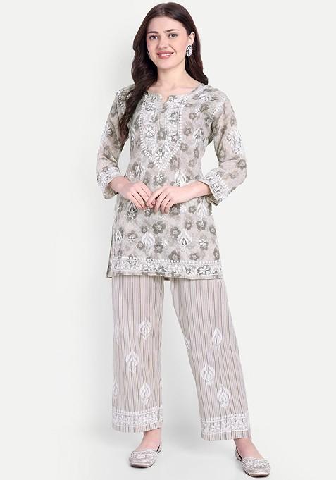 Grey Floral Printed Chikankari Tunic And Trousers