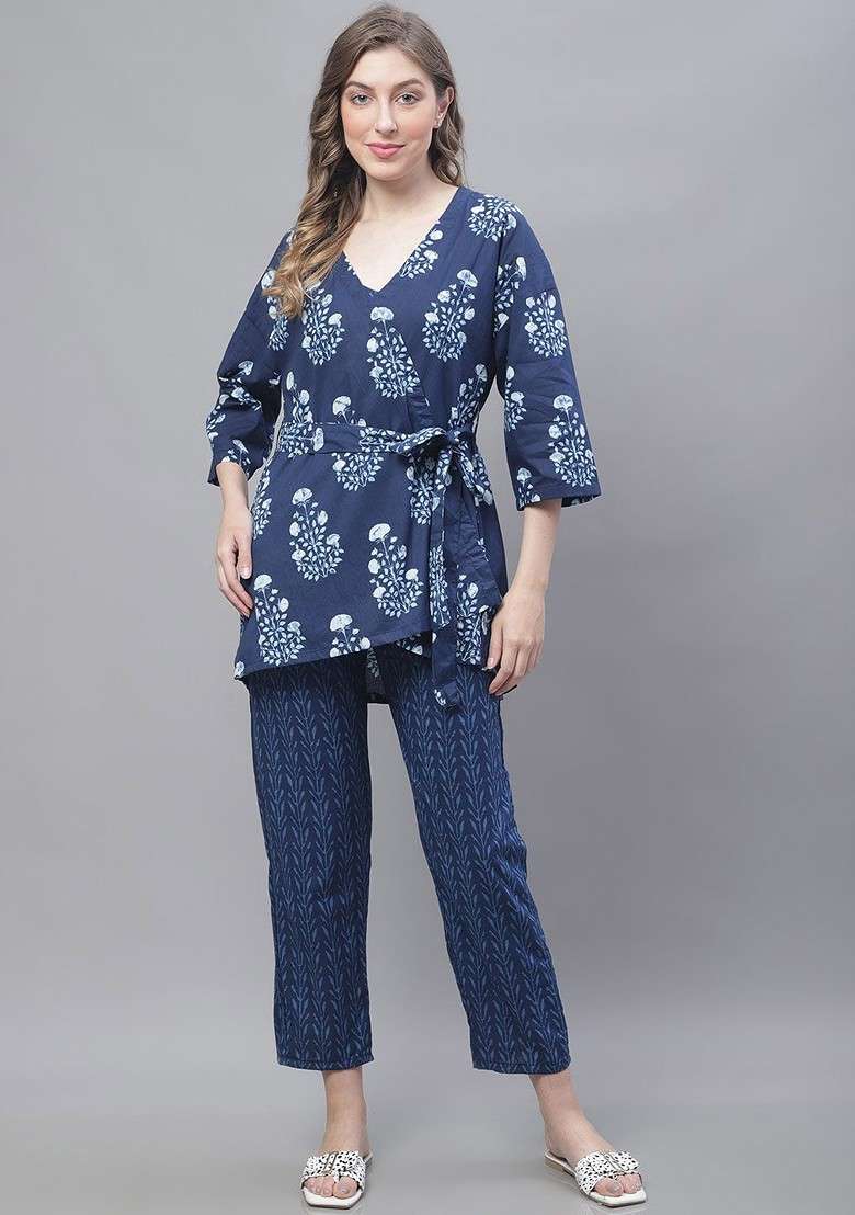 Navy Blue Floral Printed Pure Cotton Top Trouser And Shrug - Indya