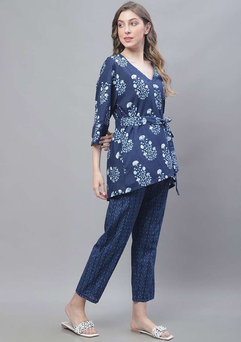 Navy Blue Floral Printed Pure Cotton Top Trouser And Shrug - Indya