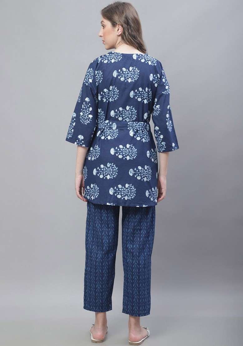 Navy Blue Floral Printed Pure Cotton Top Trouser And Shrug - Indya
