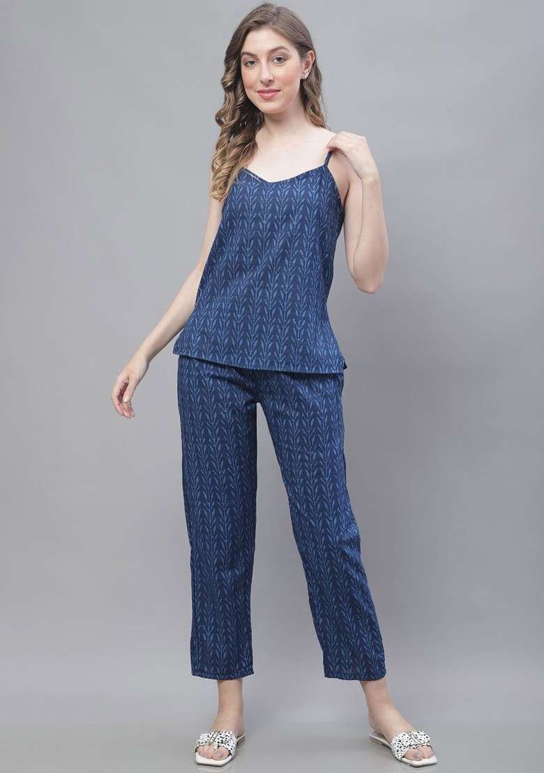 Navy Blue Floral Printed Pure Cotton Top Trouser And Shrug - Indya