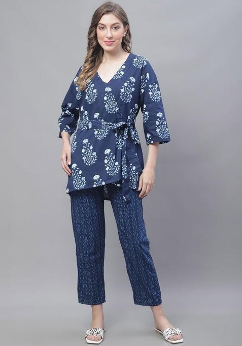 Navy Blue Floral Printed Pure Cotton Top Trouser And Shrug