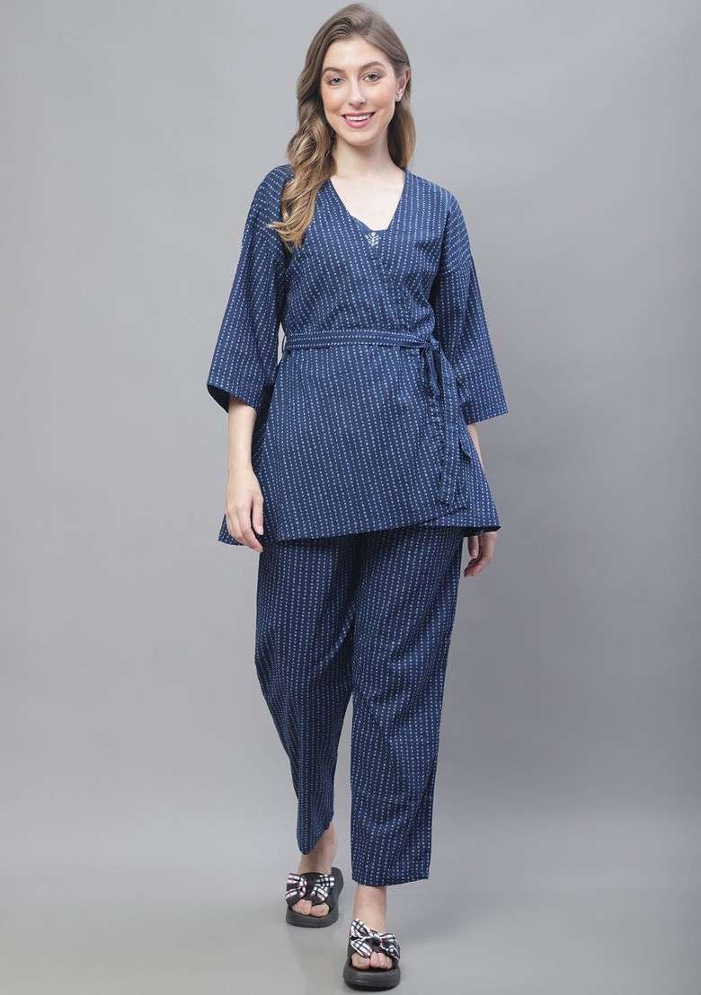 Navy Blue Floral Printed Pure Cotton Top Trouser And Shrug - Indya