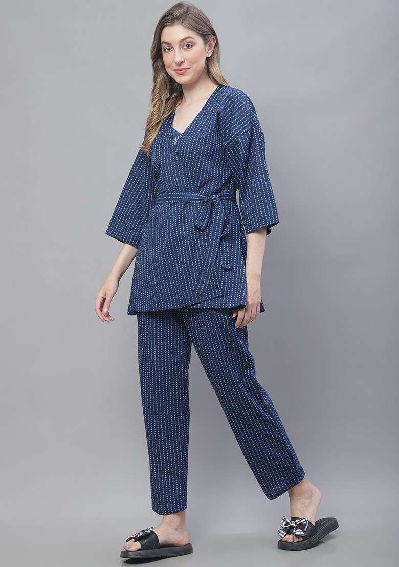 Navy Blue Floral Printed Pure Cotton Top Trouser And Shrug - Indya