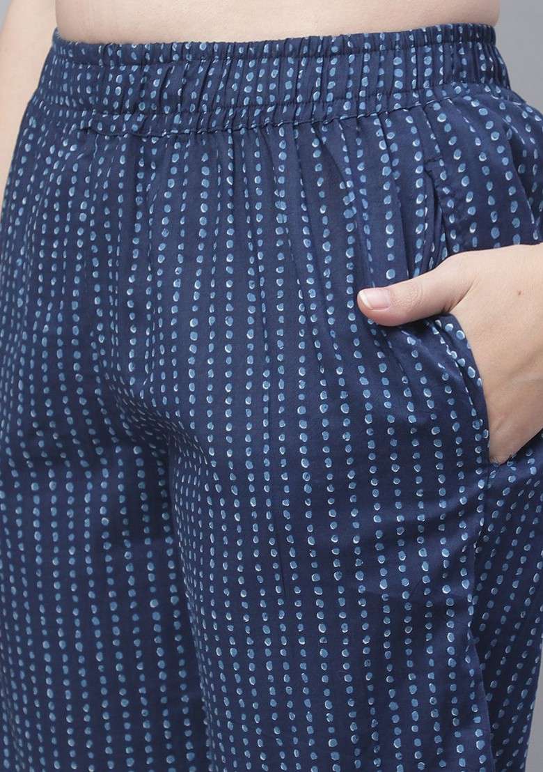 Navy Blue Floral Printed Pure Cotton Top Trouser And Shrug - Indya