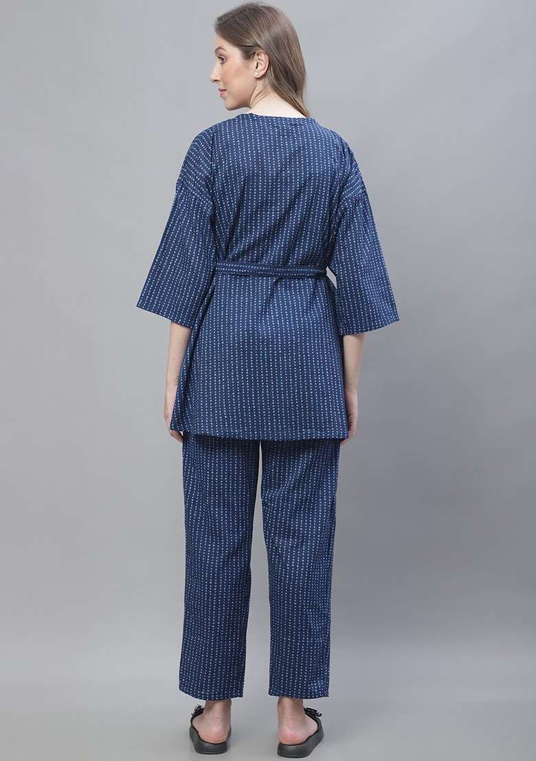 Navy Blue Floral Printed Pure Cotton Top Trouser And Shrug - Indya