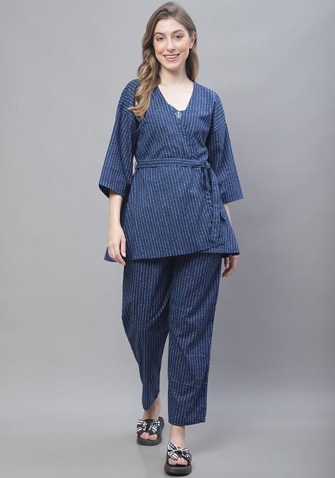 Navy Blue Floral Printed Pure Cotton Top Trouser And Shrug