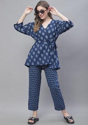 Navy Blue Printed Pure Cotton Top Trouser And Shrug