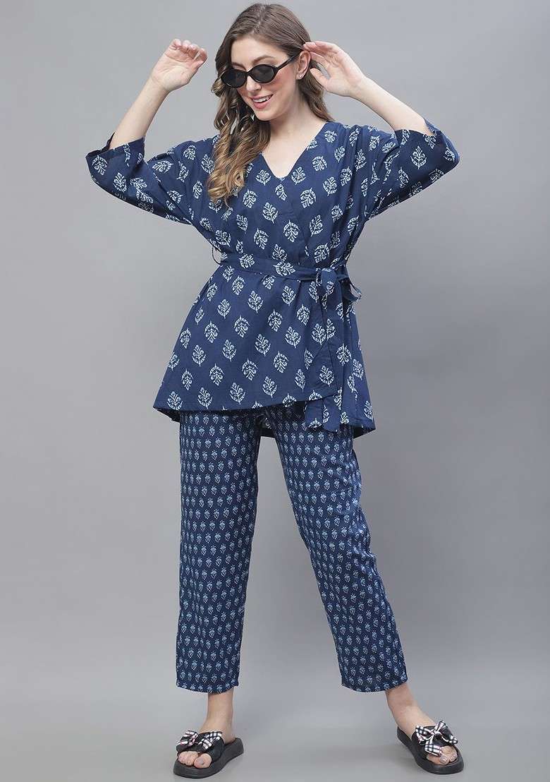 Navy Blue Printed Pure Cotton Top Trouser And Shrug - Indya