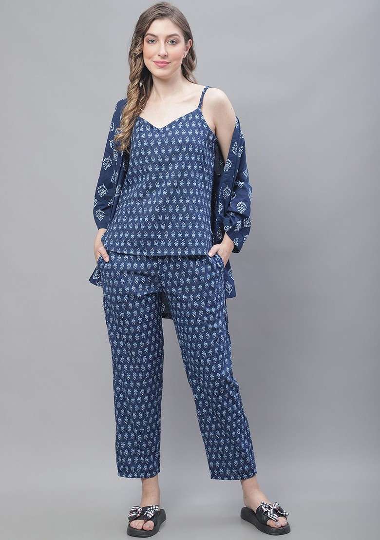 Navy Blue Printed Pure Cotton Top Trouser And Shrug - Indya