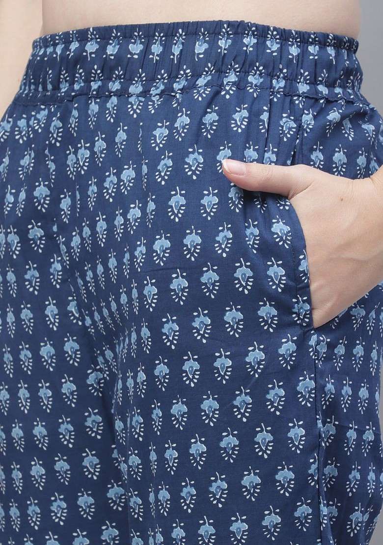 Navy Blue Printed Pure Cotton Top Trouser And Shrug - Indya