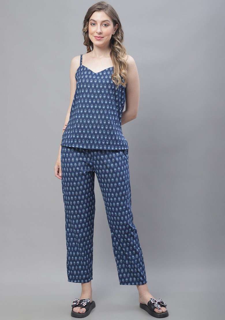 Navy Blue Printed Pure Cotton Top Trouser And Shrug - Indya