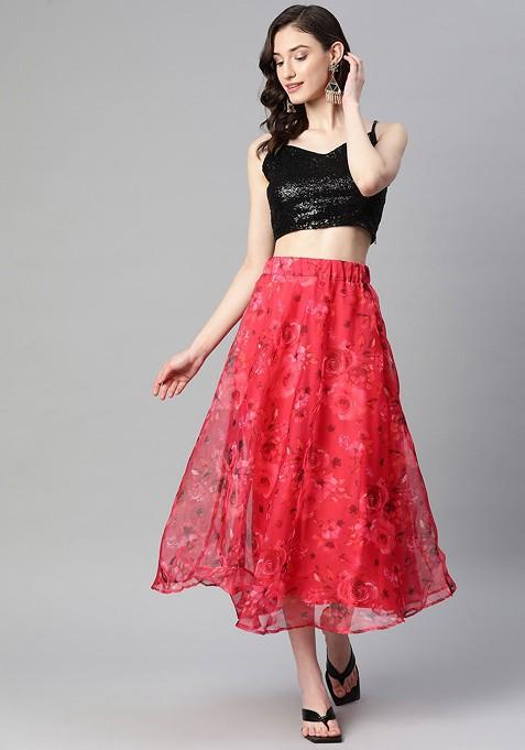 Black Embellished Top With Printed Skirt