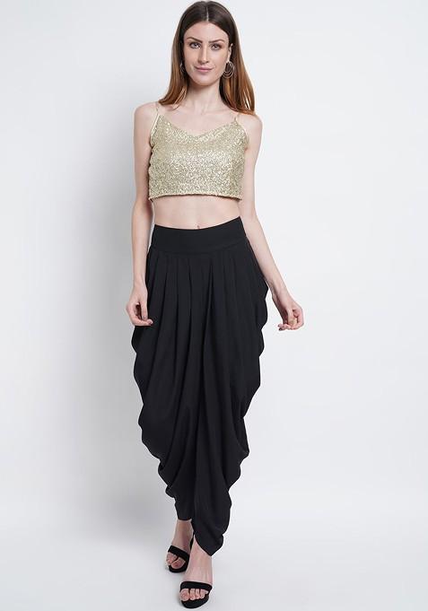 Gold Embellished Crop Top With Dhoti Pants