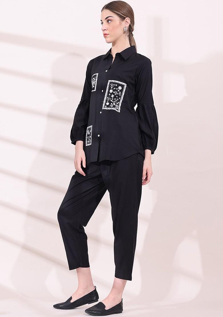 Black Embroidered Shirt With Trousers Coords - Indya