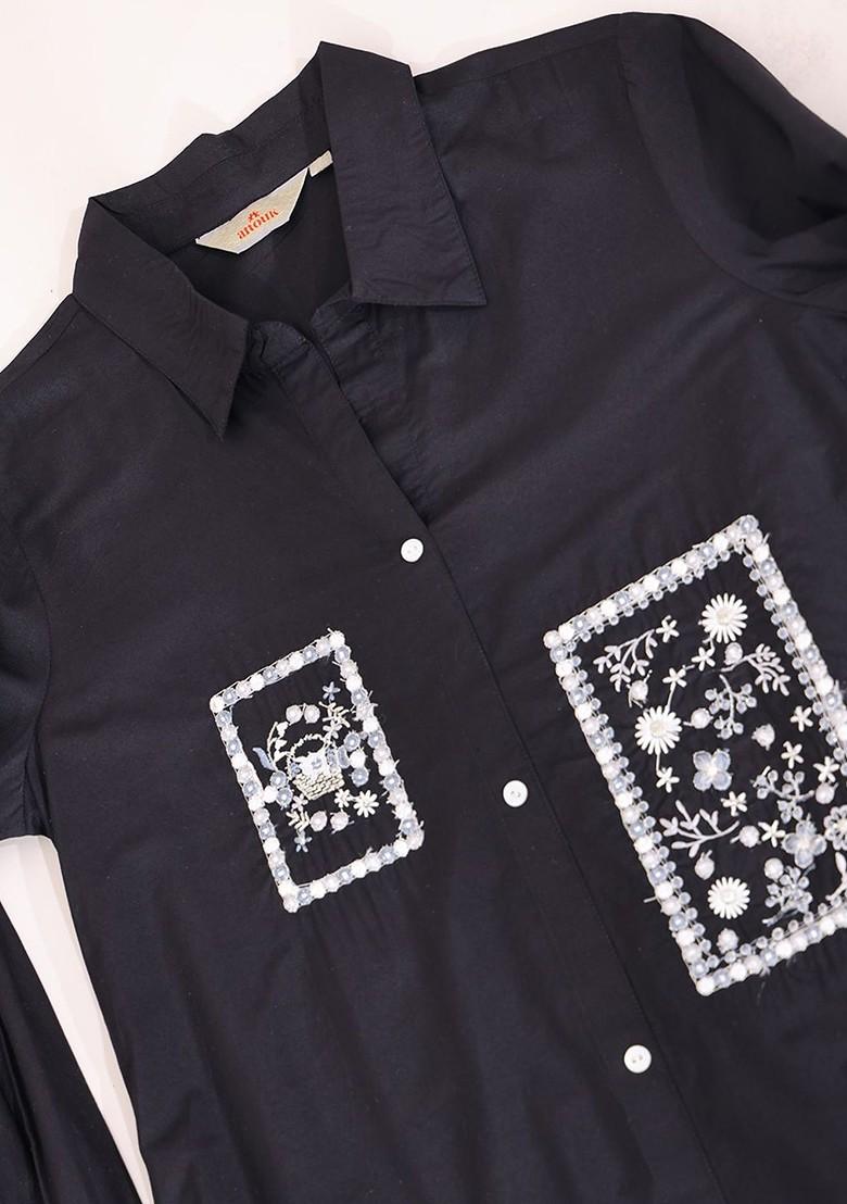 Black Embroidered Shirt With Trousers Coords - Indya