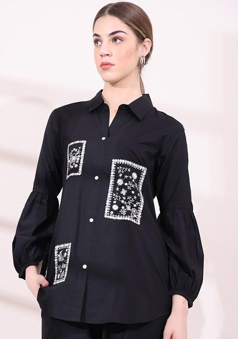 Black Embroidered Shirt With Trousers Coords
