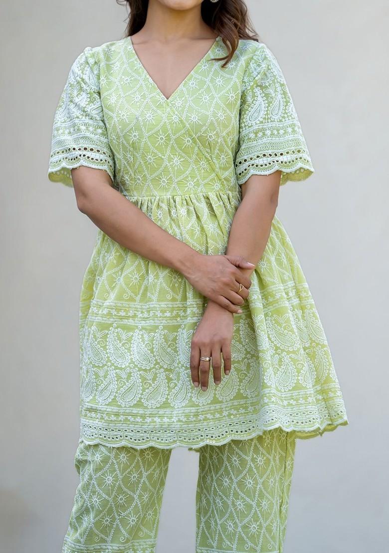Green Embroidered Chikankari Pure Cotton Tunic And Trouser