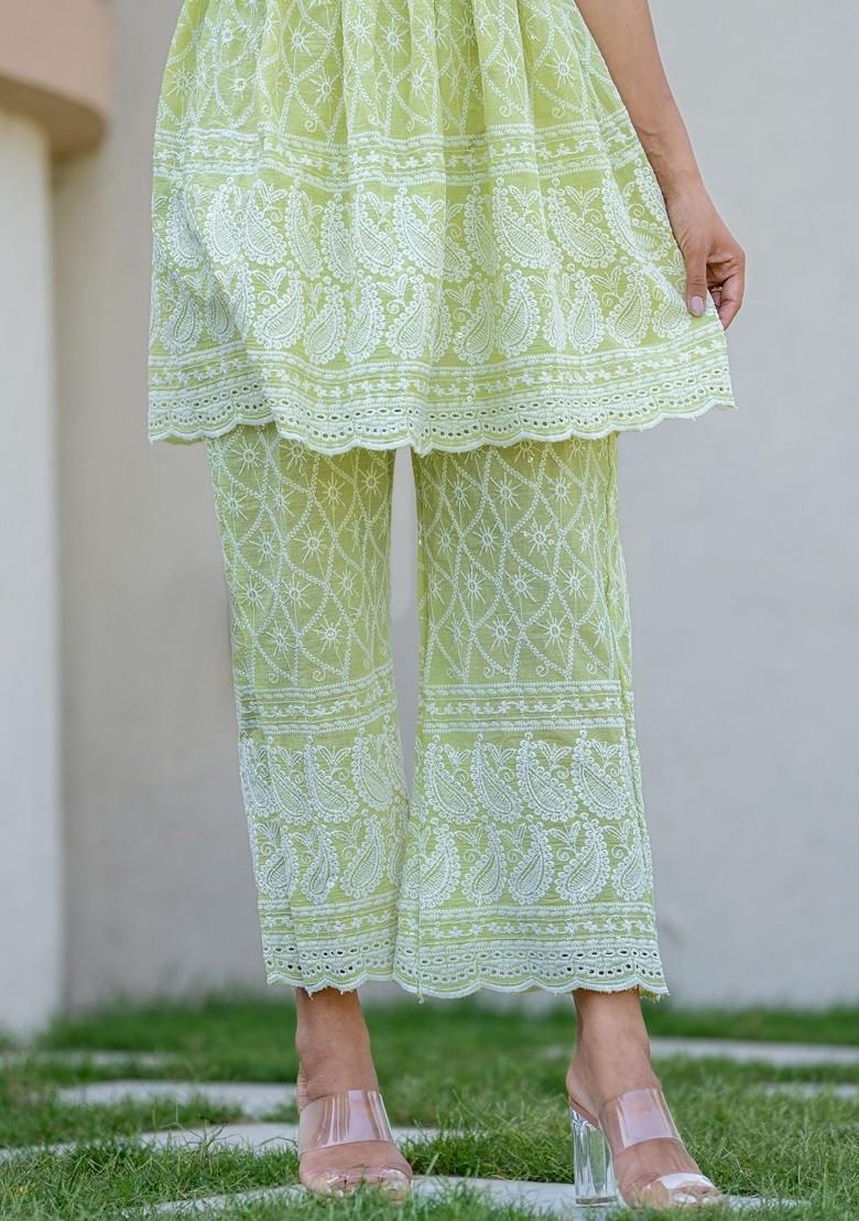 Green Embroidered Chikankari Pure Cotton Tunic And Trouser