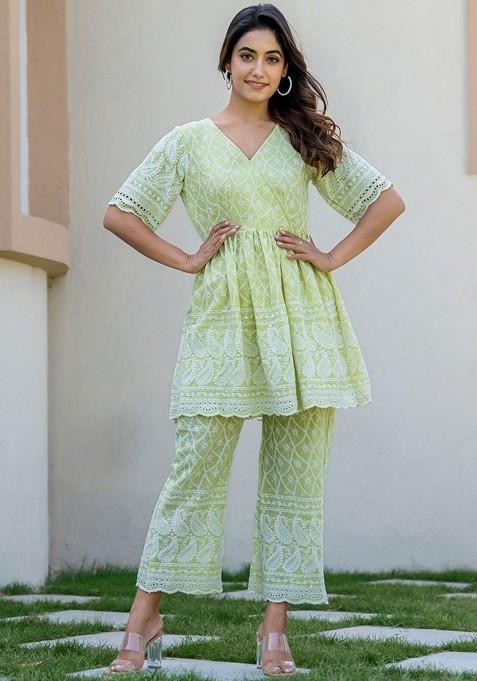Green Embroidered Chikankari Pure Cotton Tunic And Trouser