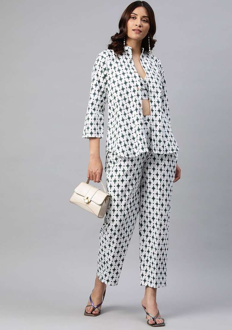 Green Geometric Printed Pure Cotton Tunic And Top With Trousers - Indya