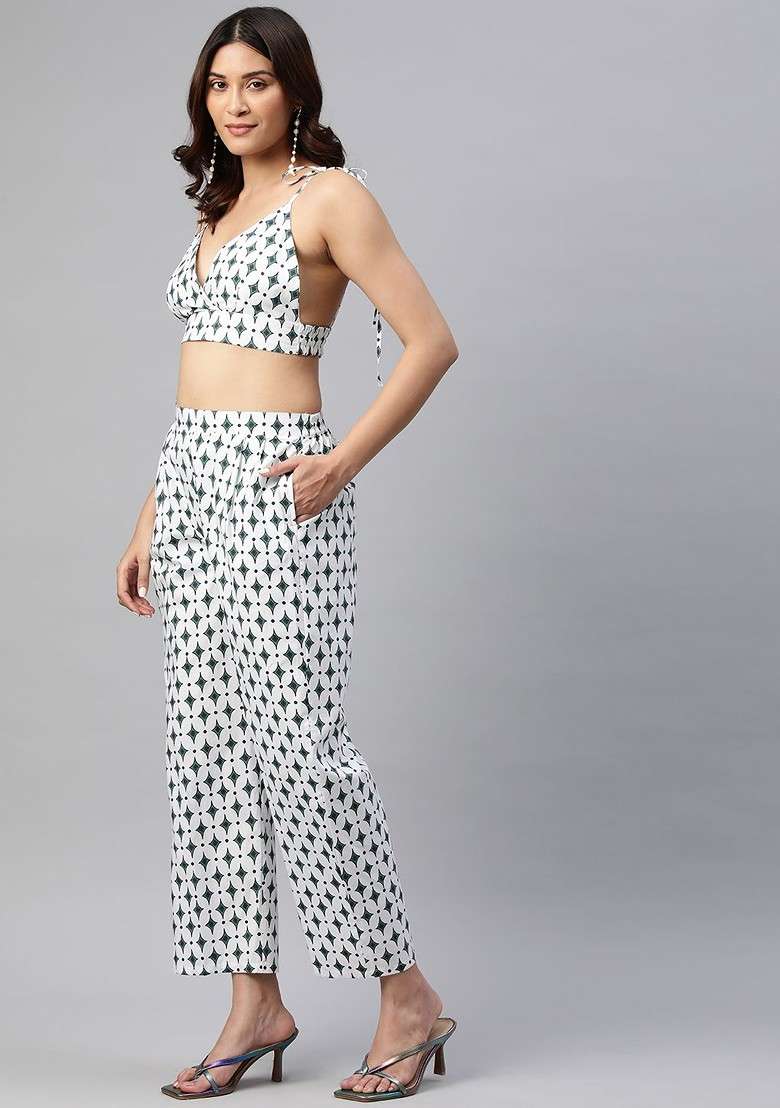 Green Geometric Printed Pure Cotton Tunic And Top With Trousers - Indya