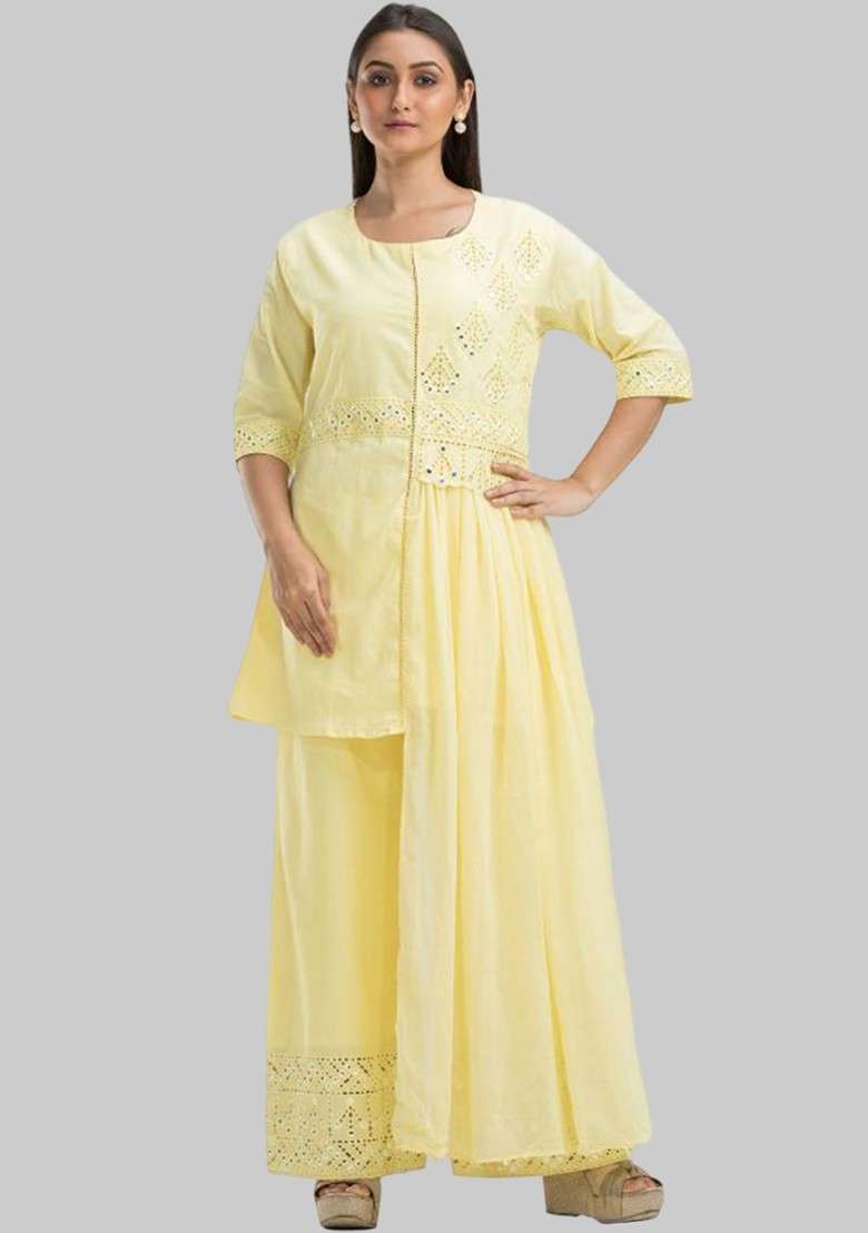Yellow Embroidered Top With Palazzos Ethnic Coords - Indya