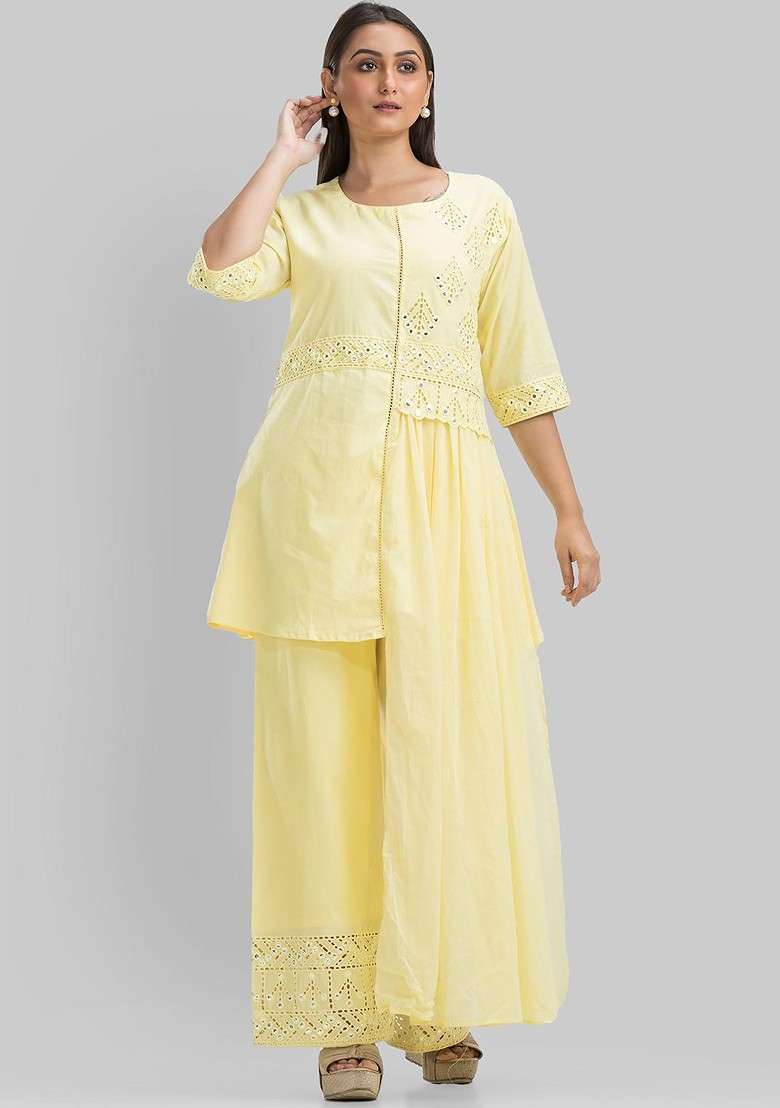 Yellow Embroidered Top With Palazzos Ethnic Coords - Indya