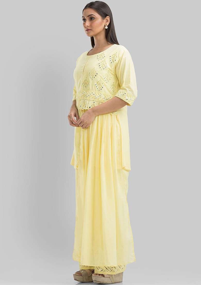 Yellow Embroidered Top With Palazzos Ethnic Coords - Indya
