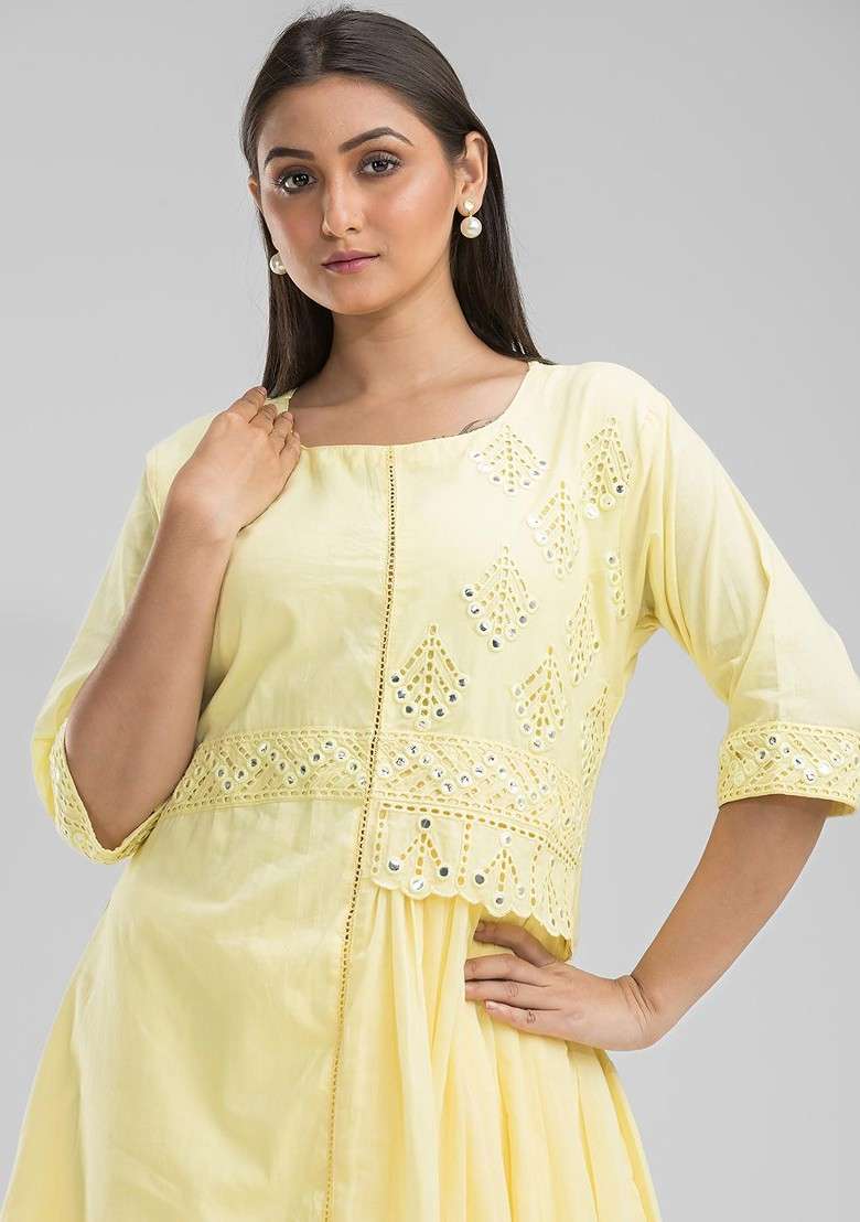 Yellow Embroidered Top With Palazzos Ethnic Coords - Indya