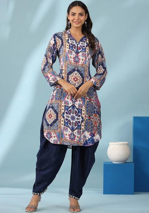 Blue Blue Ethnic Motifs Printed Pure Silk Tunic With Dhoti Pants — view on Indya