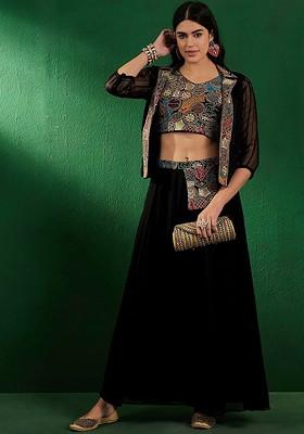 Black Black Embroidered Sequinned Crop Top With Skirt And Jacket