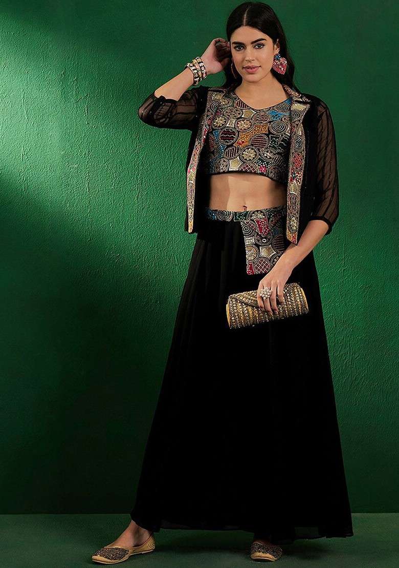 Black Black Embroidered Sequinned Crop Top With Skirt And Jacket - Indya