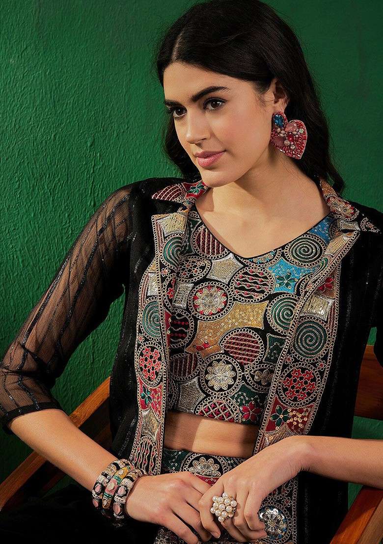Black Black Embroidered Sequinned Crop Top With Skirt And Jacket - Indya