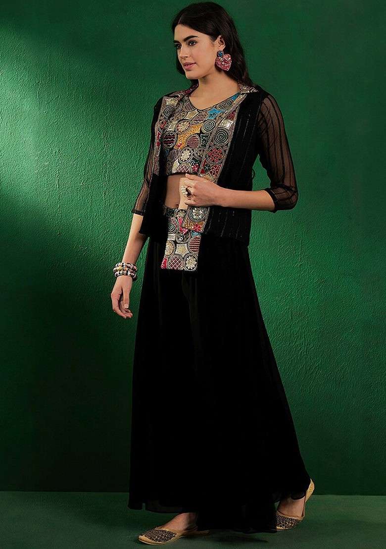 Black Black Embroidered Sequinned Crop Top With Skirt And Jacket - Indya