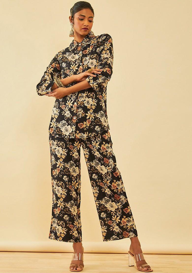 Black Shirt Collar Printed Shirt With Palazzo