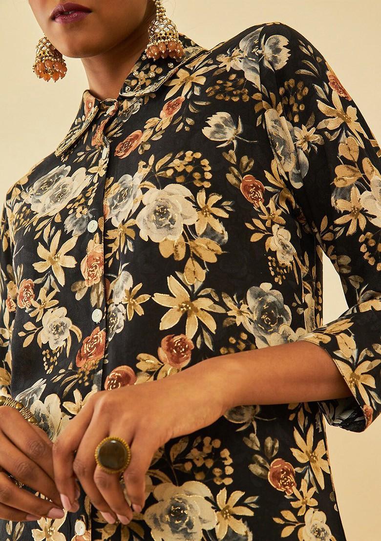 Black Shirt Collar Printed Shirt With Palazzo