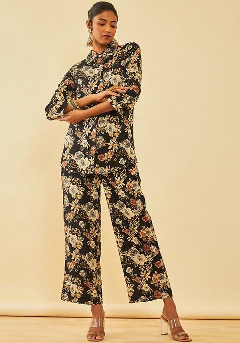 Black Shirt Collar Printed Shirt With Palazzo