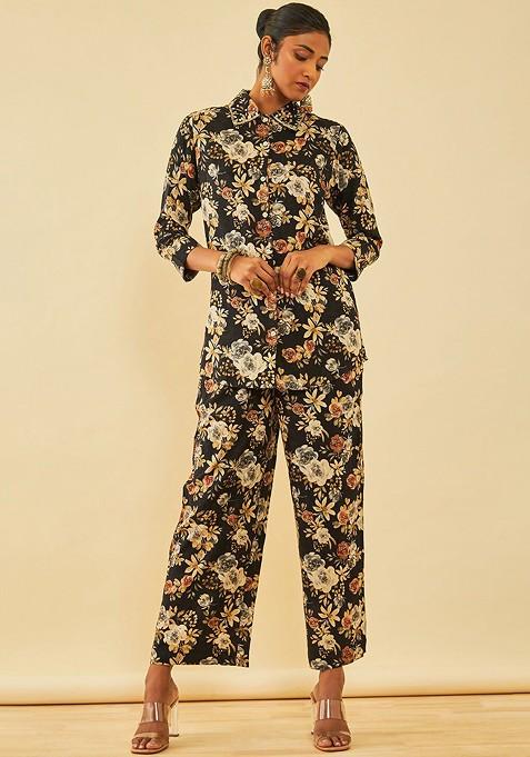 Black Shirt Collar Printed Shirt With Palazzo