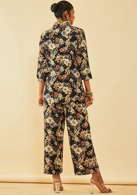 Black Shirt Collar Printed Shirt With Palazzo