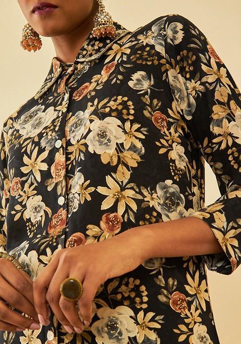 Black Shirt Collar Printed Shirt With Palazzo