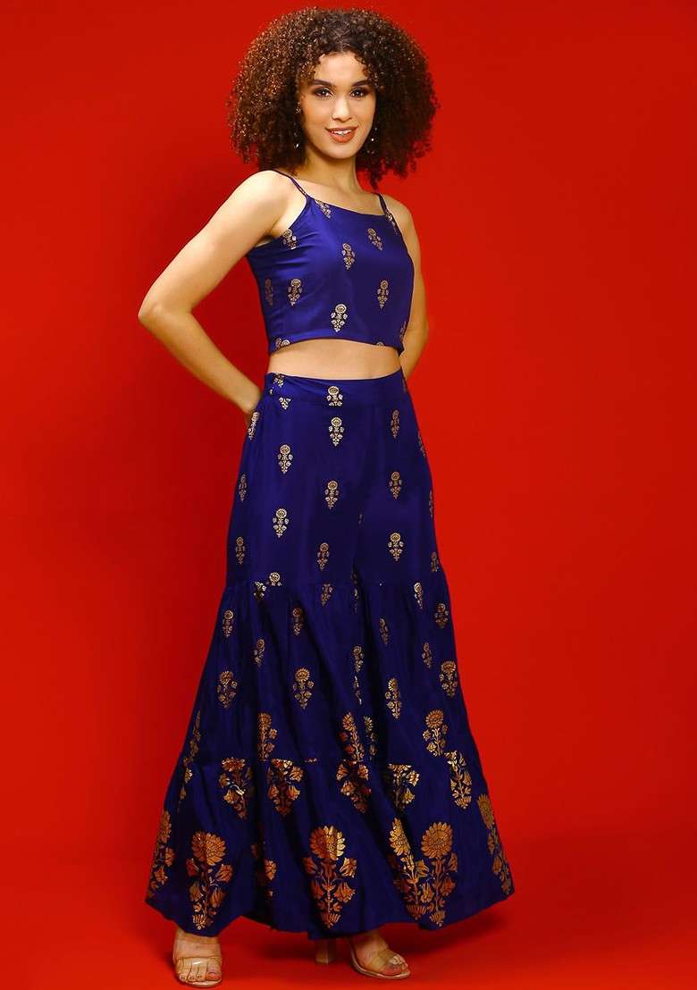 Blue Blue Floral Printed Shoulder Strap Crop Top With Sharara - Indya