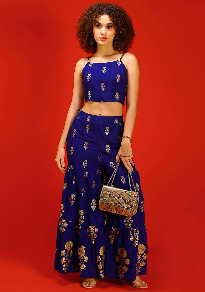 Blue Blue Floral Printed Shoulder Strap Crop Top With Sharara - Indya
