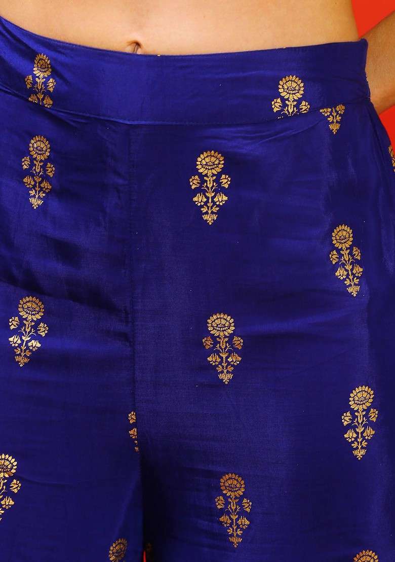 Blue Blue Floral Printed Shoulder Strap Crop Top With Sharara - Indya