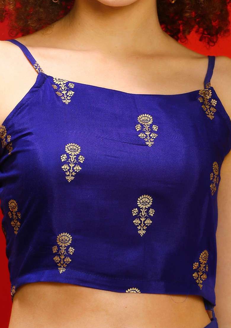 Blue Blue Floral Printed Shoulder Strap Crop Top With Sharara - Indya