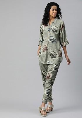 Green Printed Tunic With Trousers