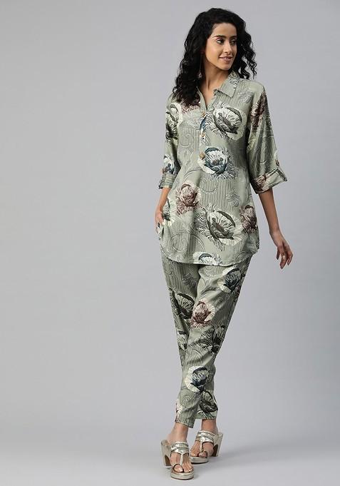 Green Printed Tunic With Trousers