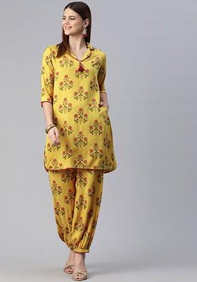 Mustard Women Printed Ethnic Coords Set