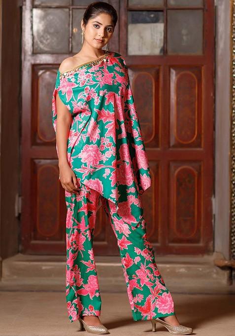 Green Floral Printed One Shoulder Half Sleeves Tunic Coords — view on Indya
